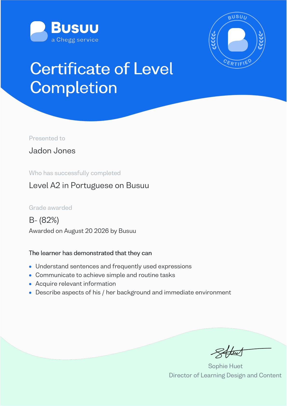 Busuu Certificate of Level Completion, Level A2 in Portuguese, awarded to Jadon Jones, August 20 2026