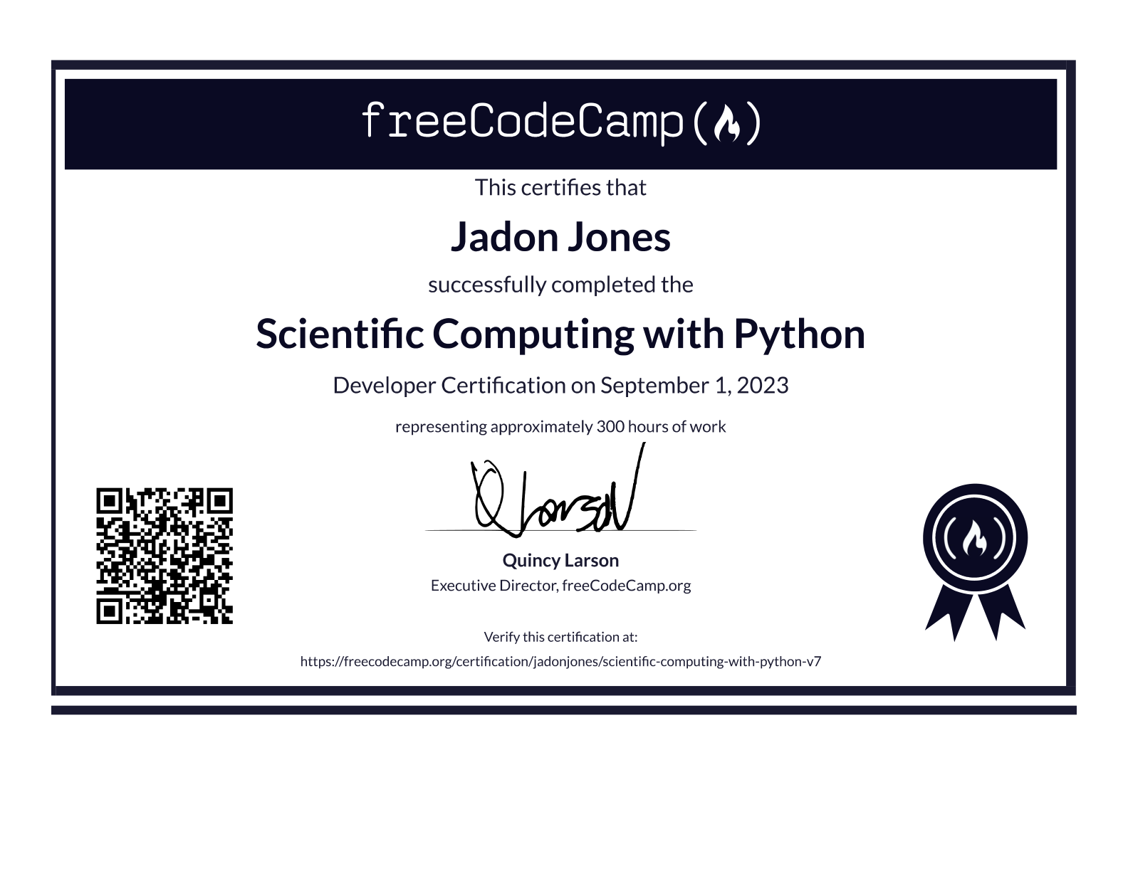 freeCodeCamp Developer Certification, Scientific Computing with Python, awarded to Jadon Jones, September 1 2023