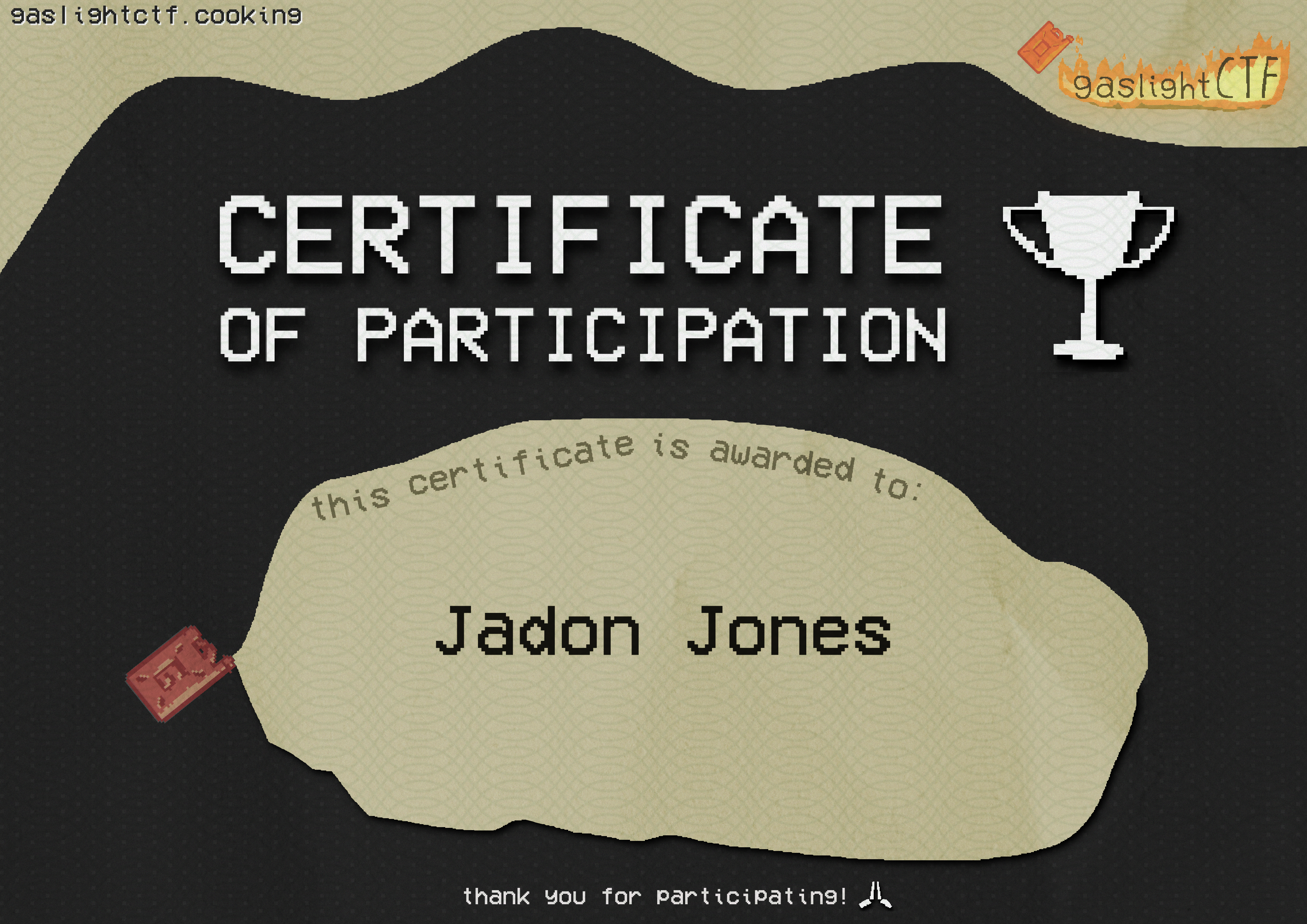 Certificate of Participation, gaslightCTF 2026, awarded to Jadon Jones