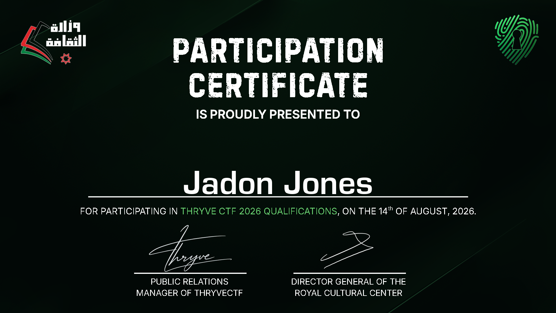 Participation Certificate, ThryveCTF 2026 Qualifications, awarded to Jadon Jones, August 14 2026